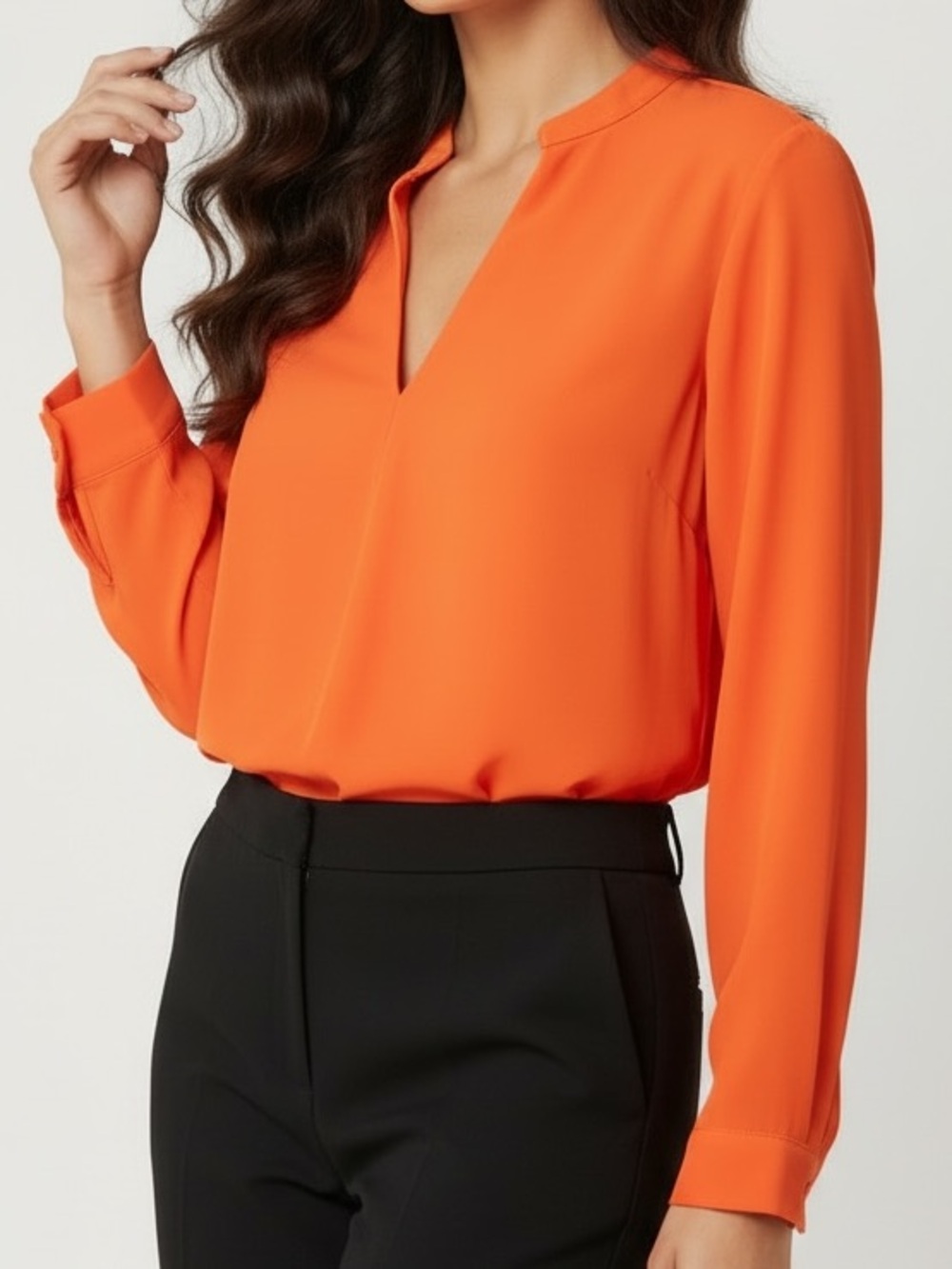 Signature Studio Bright Orange Split V-Neck Long Sleeve Blouse